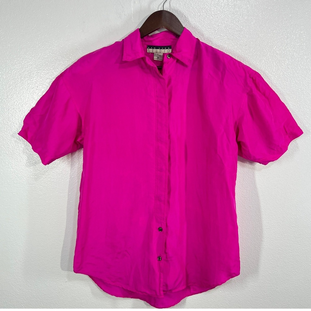 New York Studio Vintage 90s Hot Pink‎ 100% Silk Short Sleeve Button Up Blouse XS